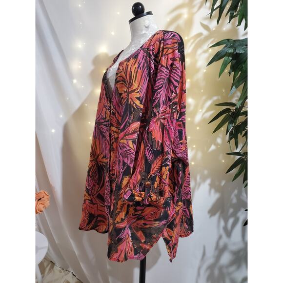 Ulla Popken Tropical Gauzy Crinkle Button Roll Tab Tunic Blouse Womens 32/34 - Picture 2 of 9